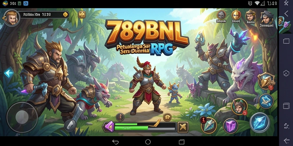 Screenshot utama 789BNL menampilkan karakter dan latar belakang yang indah dalam pertempuran RPG.