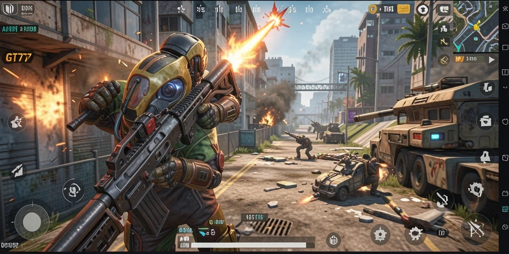 Screenshot GT777 menunjukkan aksi pertempuran yang mendebarkan dalam gameplay TPS.