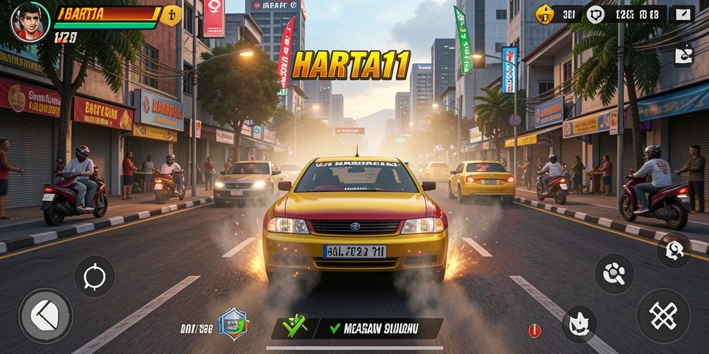 Screenshot menunjukkan aksi balapan cepat dan mendebarkan dalam HARTA11.