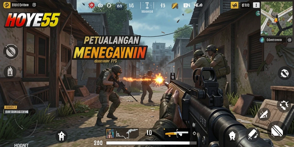 Tangkapan layar HOYE55 menampilkan aksi tembak-menembak yang seru dan mendebarkan.