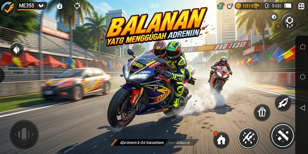 Tangkapan layar ME355 menampilkan aksi balap motor yang mendebarkan.