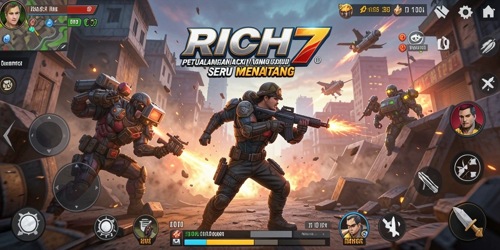 Screenshot gameplay RICH7 menampilkan pertempuran yang intens dan penuh aksi.