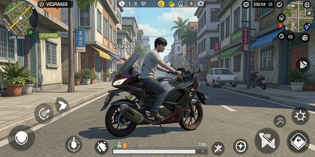 Screenshot gameplay VESPA69 menampilkan skuter Vespa yang ikonik.