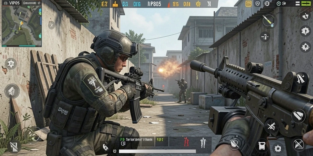 Screenshot gameplay VIP805 menunjukkan aksi menembak yang intens.